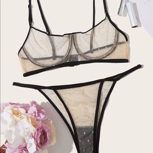Contrast binding underwire mesh lingerie set